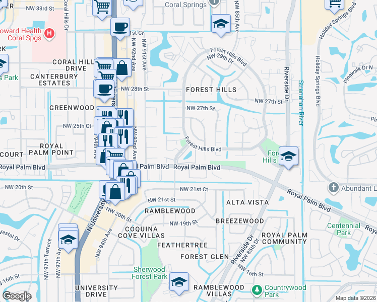 map of restaurants, bars, coffee shops, grocery stores, and more near 2423 Northwest 89th Drive in Coral Springs