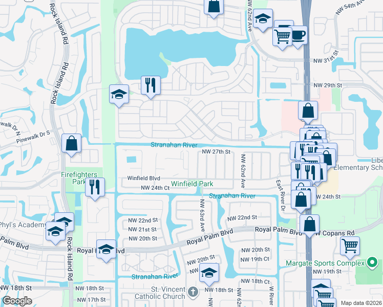 map of restaurants, bars, coffee shops, grocery stores, and more near 2701-2711 Northwest 64th Avenue in Margate