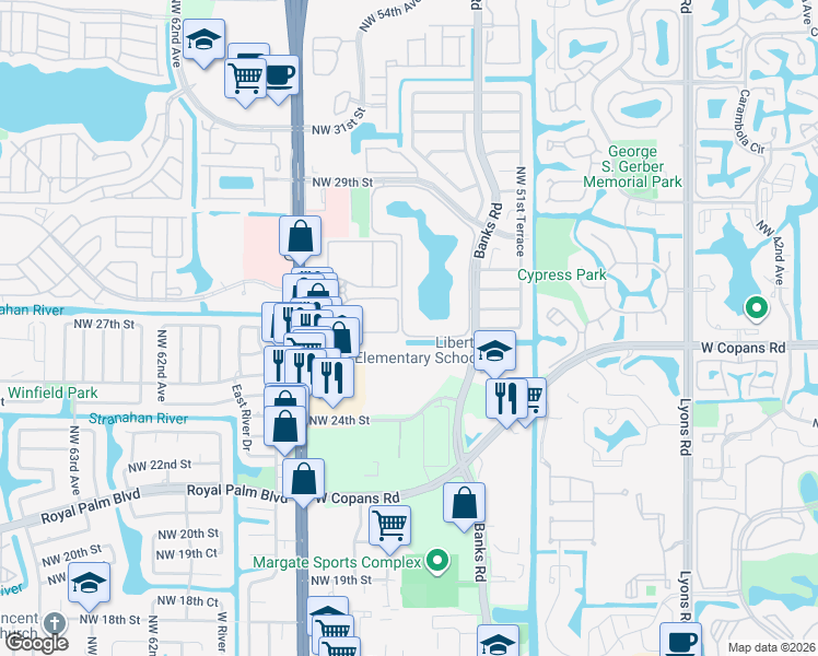 map of restaurants, bars, coffee shops, grocery stores, and more near 6250 Coral Lake Drive in Margate