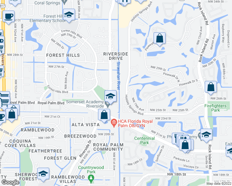 map of restaurants, bars, coffee shops, grocery stores, and more near 2401 Riverside Drive in Coral Springs