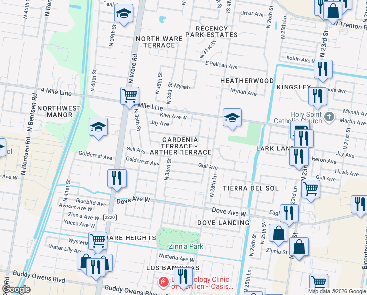 map of restaurants, bars, coffee shops, grocery stores, and more near 3109 Heron Avenue in McAllen