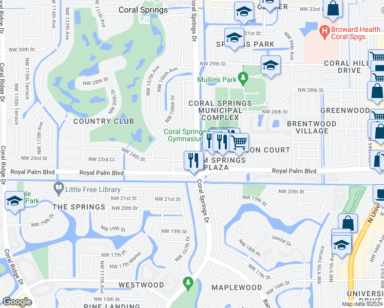 map of restaurants, bars, coffee shops, grocery stores, and more near 2390 Coral Springs Drive in Coral Springs