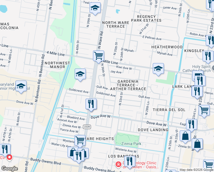 map of restaurants, bars, coffee shops, grocery stores, and more near 5917 North 35th Street in McAllen