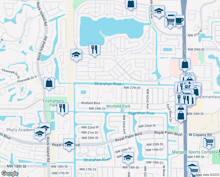 map of restaurants, bars, coffee shops, grocery stores, and more near 6503 Winfield Boulevard in Margate