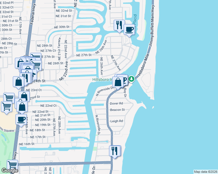 map of restaurants, bars, coffee shops, grocery stores, and more near 2621 North Riverside Drive in Pompano Beach