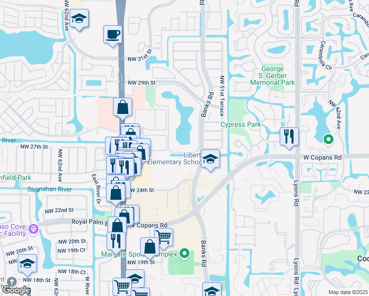 map of restaurants, bars, coffee shops, grocery stores, and more near 6224 Coral Lake Drive in Margate