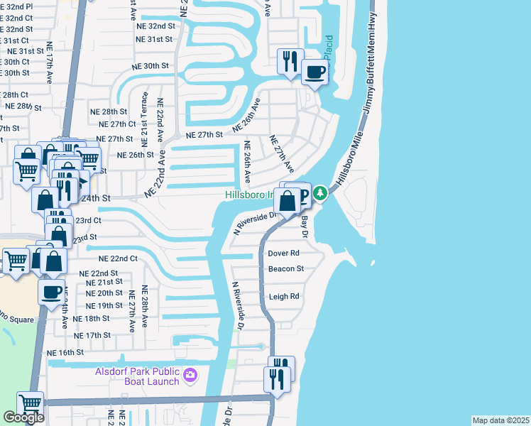 map of restaurants, bars, coffee shops, grocery stores, and more near 2611 North Riverside Drive in Pompano Beach