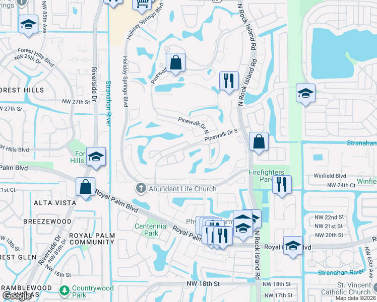 map of restaurants, bars, coffee shops, grocery stores, and more near 7504 Pinewalk Drive South in Margate