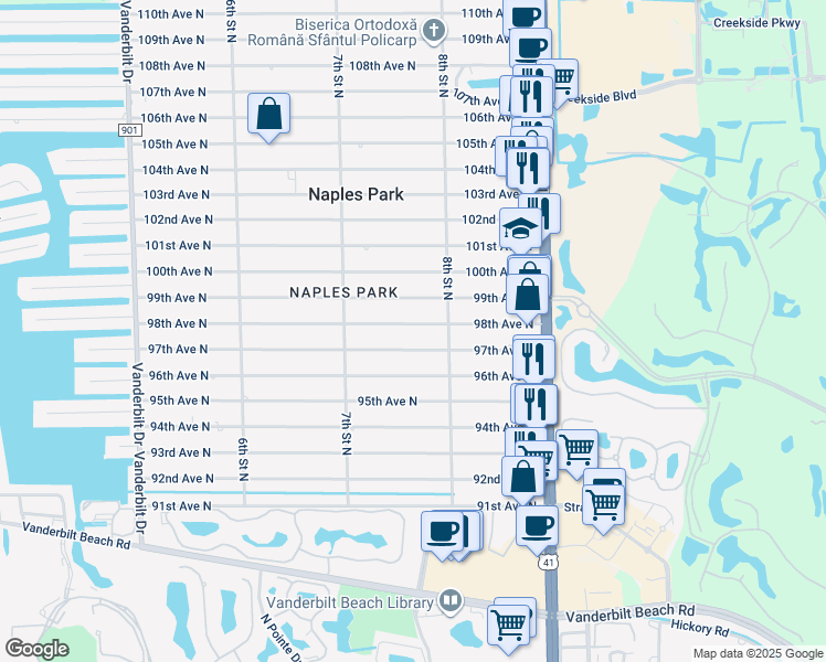 map of restaurants, bars, coffee shops, grocery stores, and more near 754 98th Avenue North in Naples