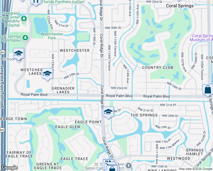 map of restaurants, bars, coffee shops, grocery stores, and more near 11617 Northwest 23rd Court in Coral Springs
