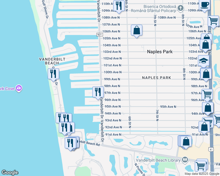 map of restaurants, bars, coffee shops, grocery stores, and more near 530 98th Avenue North in Naples