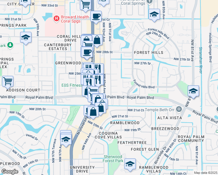 map of restaurants, bars, coffee shops, grocery stores, and more near 9064 Northwest 23rd Place in Coral Springs