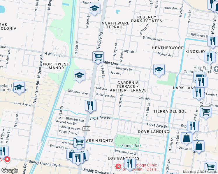 map of restaurants, bars, coffee shops, grocery stores, and more near 5917 North 35th Street in McAllen