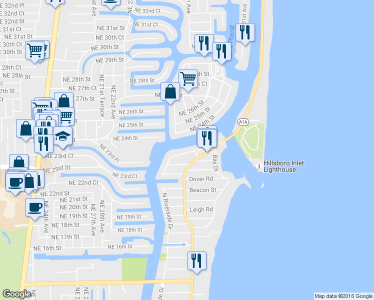 map of restaurants, bars, coffee shops, grocery stores, and more near 2621 North Riverside Drive in Pompano Beach