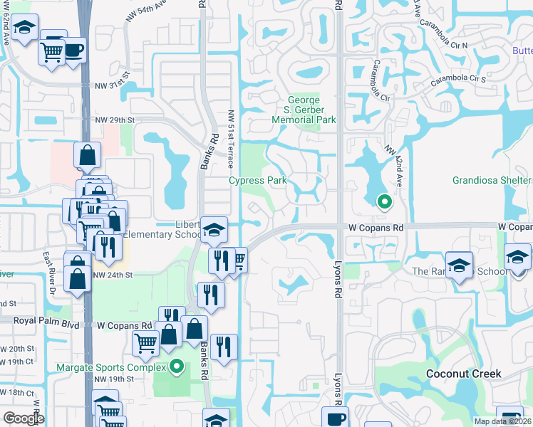 map of restaurants, bars, coffee shops, grocery stores, and more near 2479 Northwest 49th Terrace in Coconut Creek