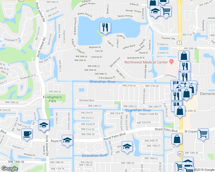 map of restaurants, bars, coffee shops, grocery stores, and more near 6503 Winfield Boulevard in Margate