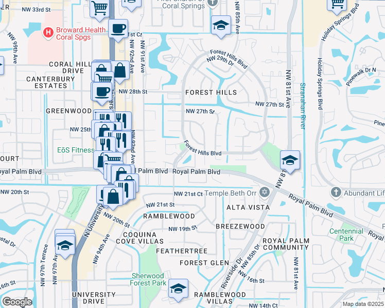 map of restaurants, bars, coffee shops, grocery stores, and more near 2423 Northwest 89th Drive in Coral Springs