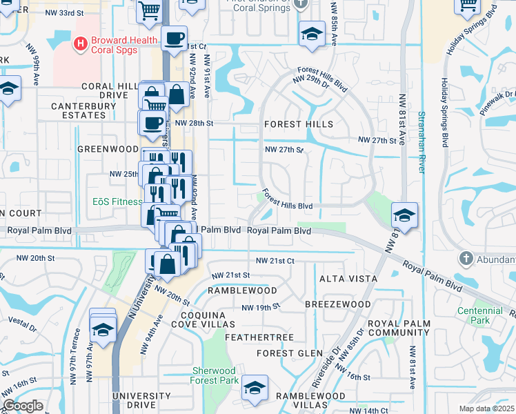 map of restaurants, bars, coffee shops, grocery stores, and more near 2423 Northwest 89th Drive in Coral Springs