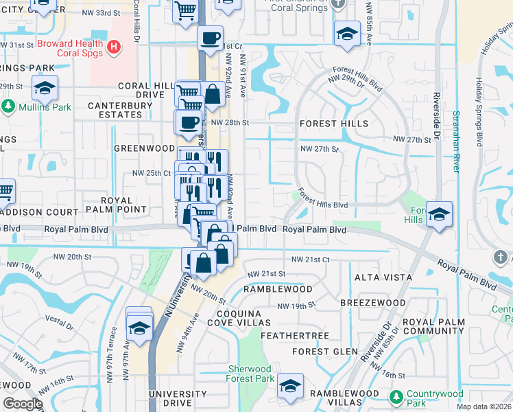 map of restaurants, bars, coffee shops, grocery stores, and more near 9064 Northwest 23rd Place in Coral Springs
