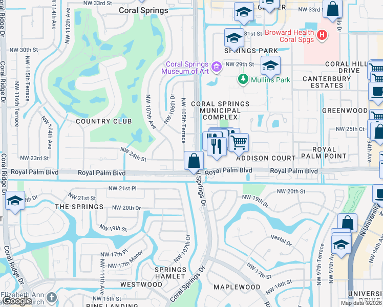 map of restaurants, bars, coffee shops, grocery stores, and more near 2390 Coral Springs Drive in Coral Springs