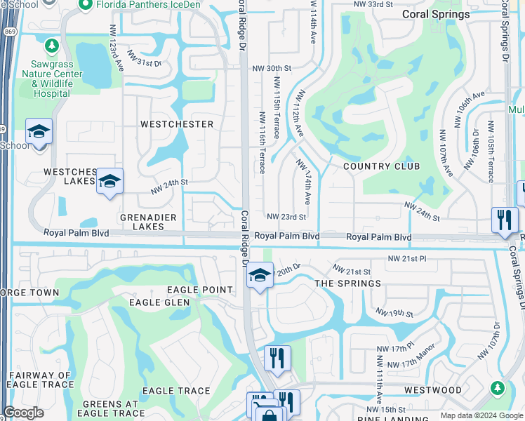 map of restaurants, bars, coffee shops, grocery stores, and more near 11617 Northwest 23rd Court in Coral Springs