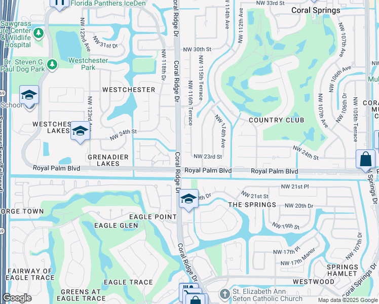 map of restaurants, bars, coffee shops, grocery stores, and more near 11617 Northwest 23rd Court in Coral Springs