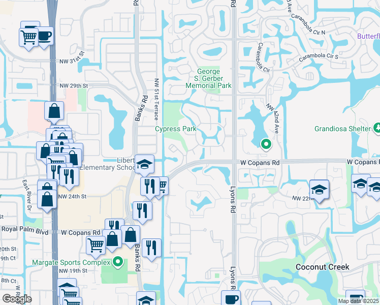 map of restaurants, bars, coffee shops, grocery stores, and more near 2463 Episa Avenue in Coconut Creek