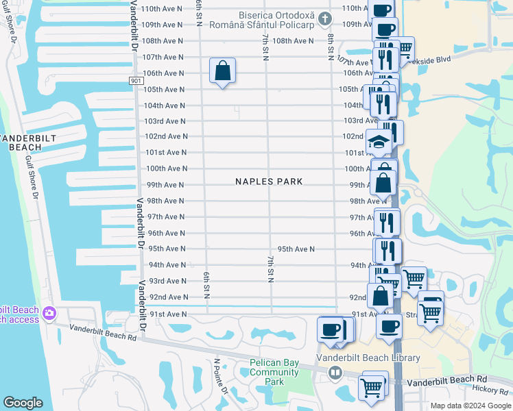 map of restaurants, bars, coffee shops, grocery stores, and more near 680 98th Avenue North in Naples
