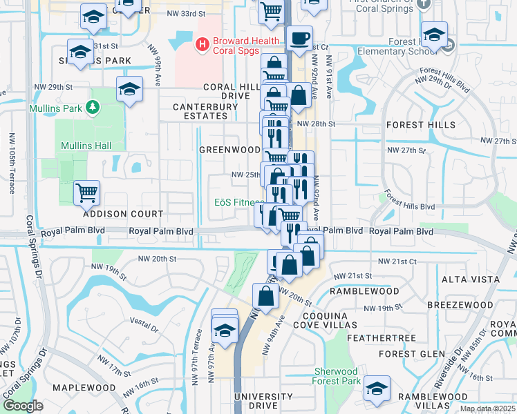 map of restaurants, bars, coffee shops, grocery stores, and more near 2406 Northwest 94th Avenue in Coral Springs