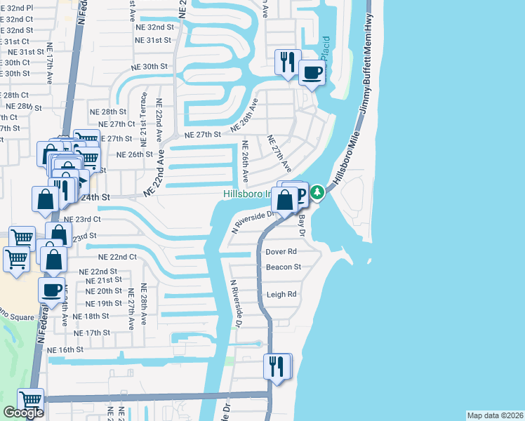 map of restaurants, bars, coffee shops, grocery stores, and more near 2621 North Riverside Drive in Pompano Beach