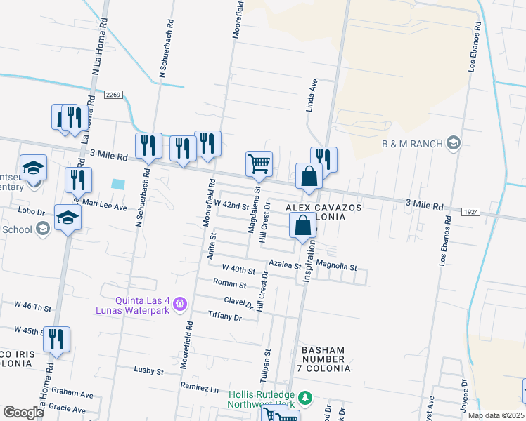 map of restaurants, bars, coffee shops, grocery stores, and more near 4201 Hill Crest Dr in Mission