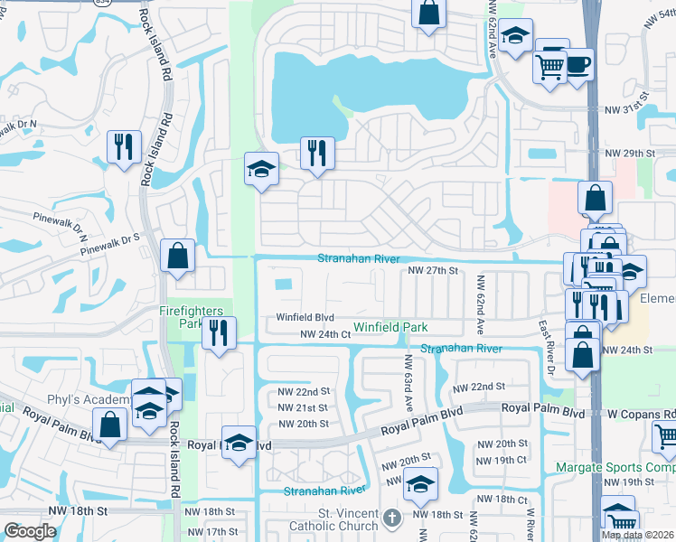 map of restaurants, bars, coffee shops, grocery stores, and more near 6613 Winfield Boulevard in Margate