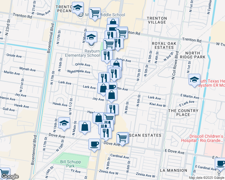 map of restaurants, bars, coffee shops, grocery stores, and more near 6400 North 10th Street in McAllen