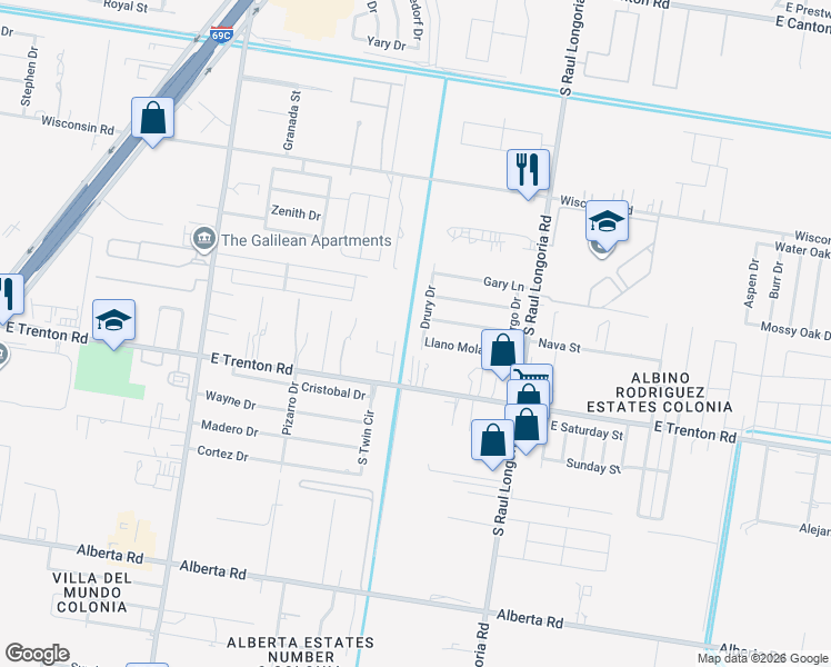map of restaurants, bars, coffee shops, grocery stores, and more near 4023 Drury Drive in Edinburg