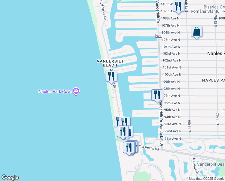 map of restaurants, bars, coffee shops, grocery stores, and more near 9790 Gulf Shore Drive in Naples