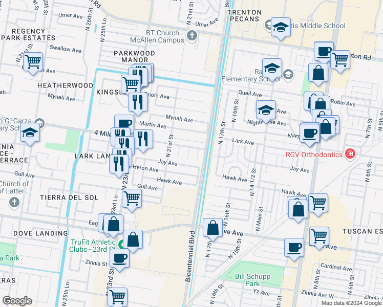 map of restaurants, bars, coffee shops, grocery stores, and more near 6321 North 19th Street in McAllen