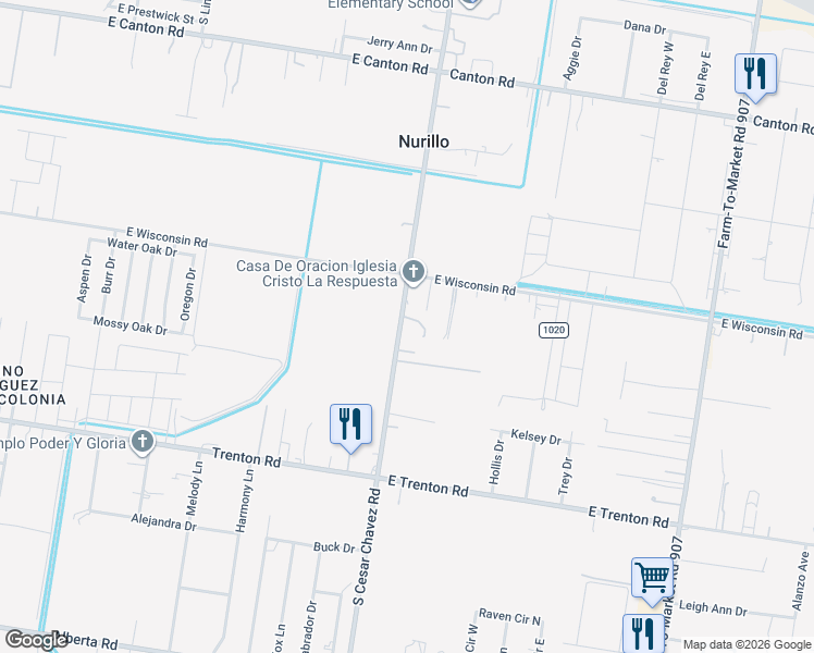 map of restaurants, bars, coffee shops, grocery stores, and more near 3604 Cesar Chavez Road in Edinburg