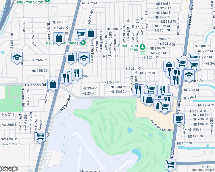 map of restaurants, bars, coffee shops, grocery stores, and more near 911 Northeast 23rd Place in Pompano Beach