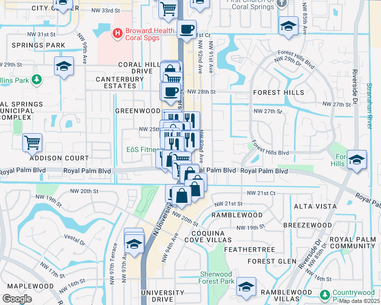 map of restaurants, bars, coffee shops, grocery stores, and more near 2415 North University Drive in Coral Springs