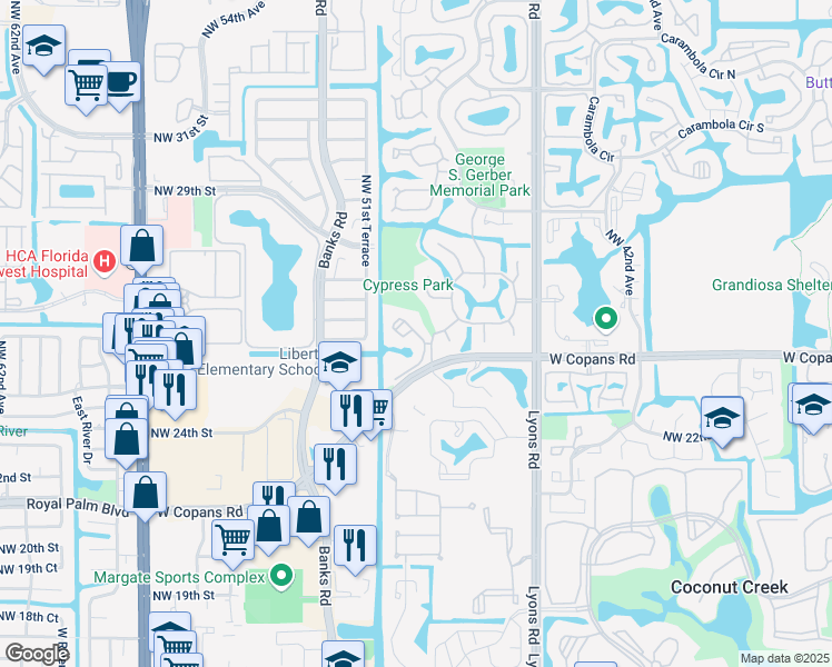 map of restaurants, bars, coffee shops, grocery stores, and more near 2479 Northwest 49th Terrace in Coconut Creek