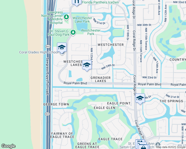 map of restaurants, bars, coffee shops, grocery stores, and more near 2362 Northwest 122nd Drive in Coral Springs