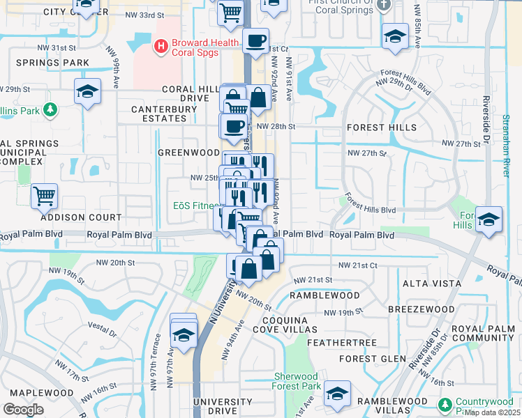 map of restaurants, bars, coffee shops, grocery stores, and more near 2415 North University Drive in Coral Springs
