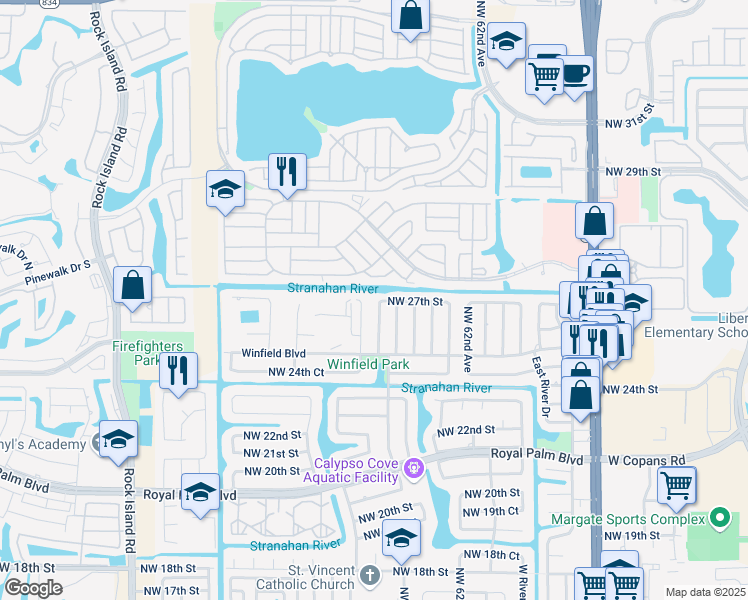 map of restaurants, bars, coffee shops, grocery stores, and more near 2701-2711 Northwest 64th Avenue in Margate