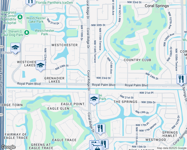 map of restaurants, bars, coffee shops, grocery stores, and more near 11617 Northwest 23rd Court in Coral Springs