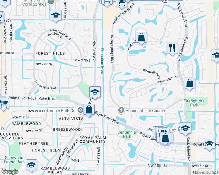 map of restaurants, bars, coffee shops, grocery stores, and more near 3040 Holiday Springs Boulevard in Margate