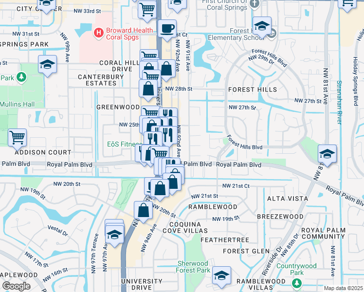 map of restaurants, bars, coffee shops, grocery stores, and more near 2431 Northwest 92nd Avenue in Coral Springs