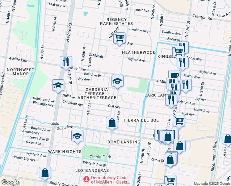 map of restaurants, bars, coffee shops, grocery stores, and more near 6105 North 28th Lane in McAllen