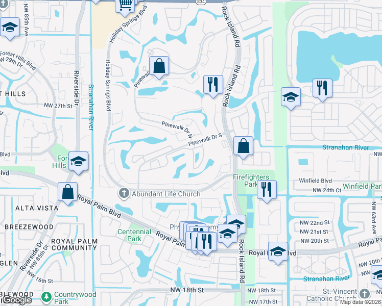 map of restaurants, bars, coffee shops, grocery stores, and more near 7458 Pinewalk Drive South in Margate