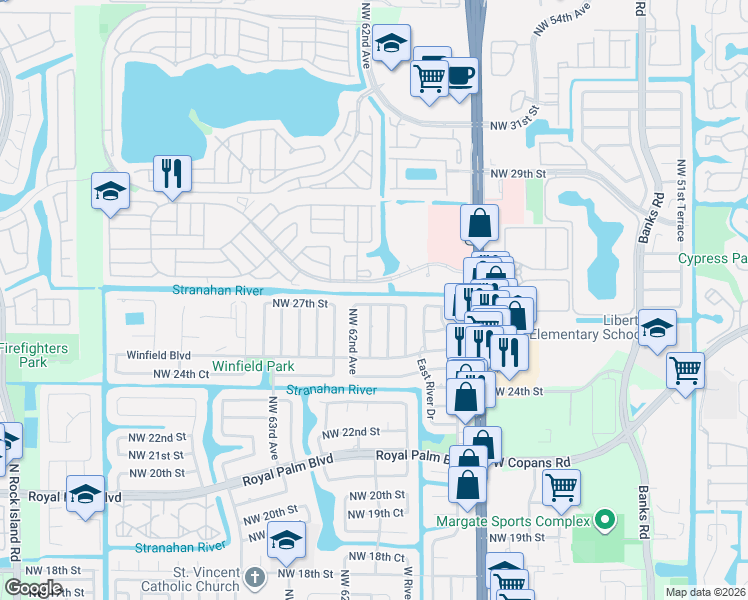 map of restaurants, bars, coffee shops, grocery stores, and more near 6117 Northwest 27th Street in Margate