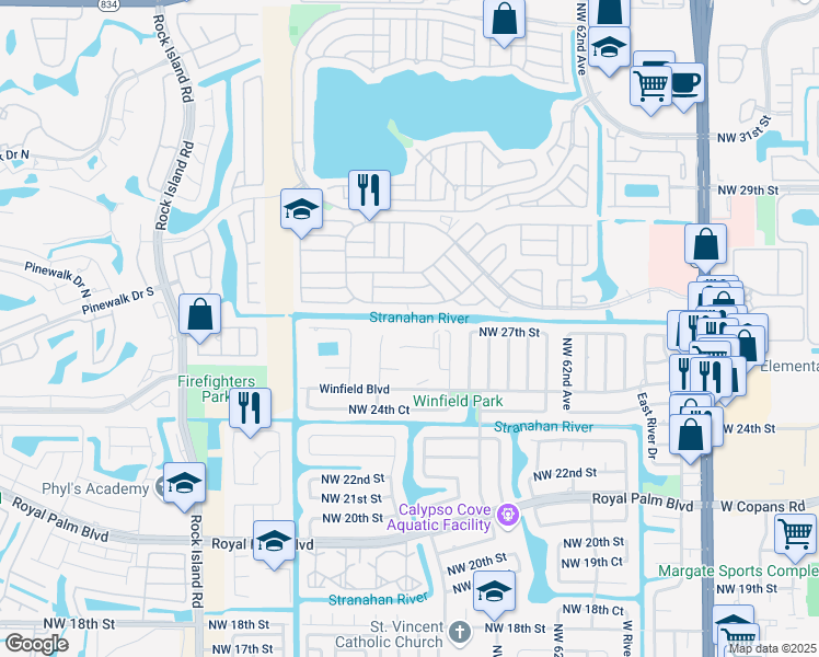 map of restaurants, bars, coffee shops, grocery stores, and more near 6503 Winfield Boulevard in Margate
